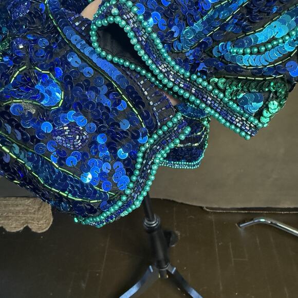 Vintage Laurence Kazar Silk Sequin Jacket XL Blue Green Beaded Evening Coat 80s - Picture 8 of 10
